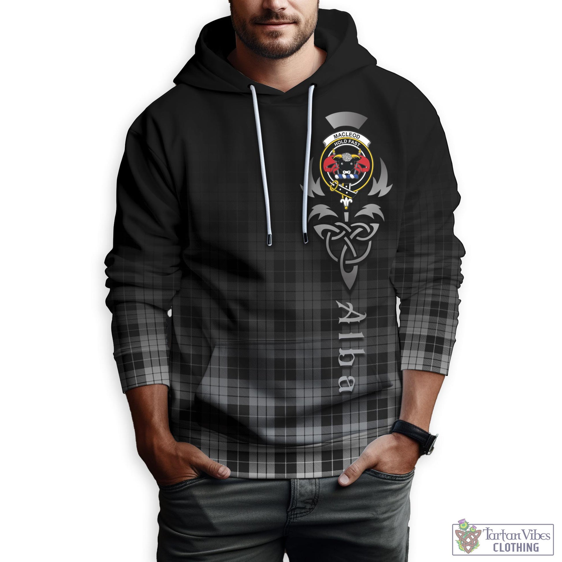 Tartan Vibes Clothing MacLeod Black and White Tartan Hoodie Featuring Alba Gu Brath Family Crest Celtic Inspired