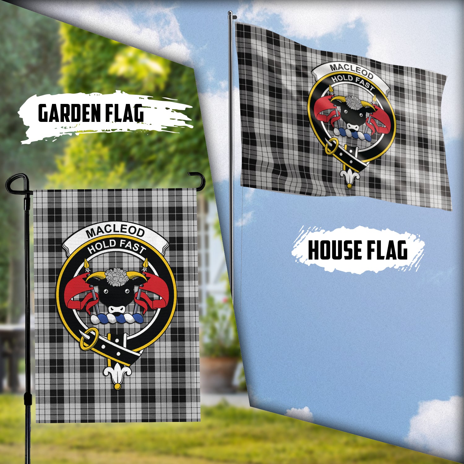 macleod-black-and-white-tartan-flag-with-family-crest