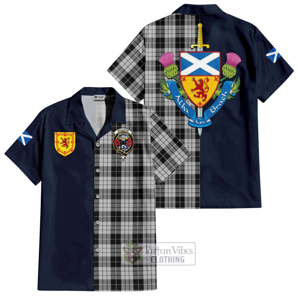 Tartan Vibes Clothing MacLeod Black and White Tartan Short Sleeve Button Shirt with Scottish Lion Royal Arm Half Style