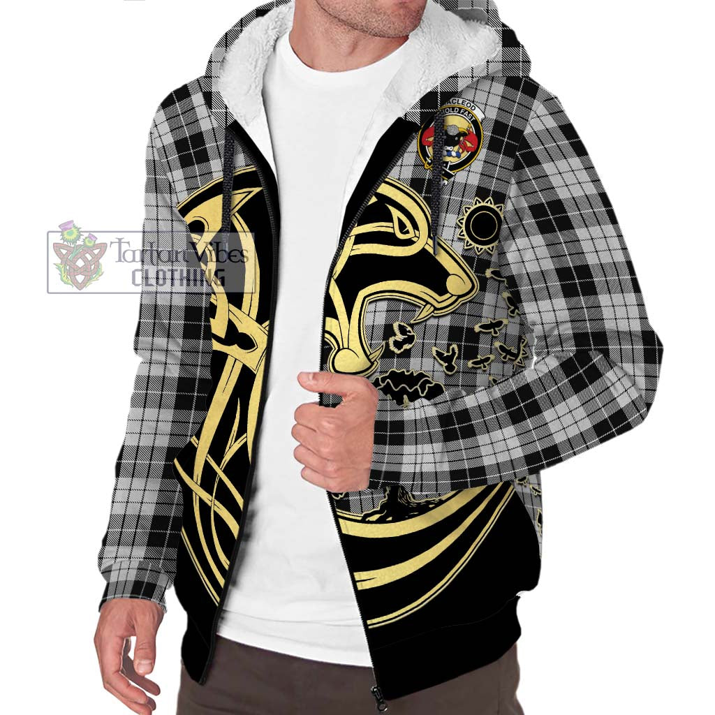 Tartan Vibes Clothing MacLeod Black and White Tartan Sherpa Hoodie with Family Crest Celtic Wolf Style