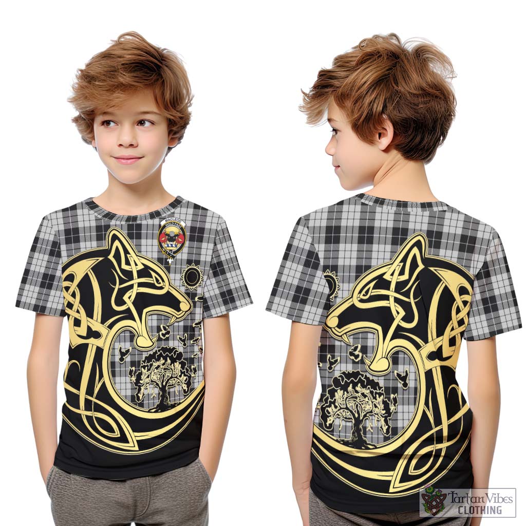 Tartan Vibes Clothing MacLeod Black and White Tartan Kid T-Shirt with Family Crest Celtic Wolf Style