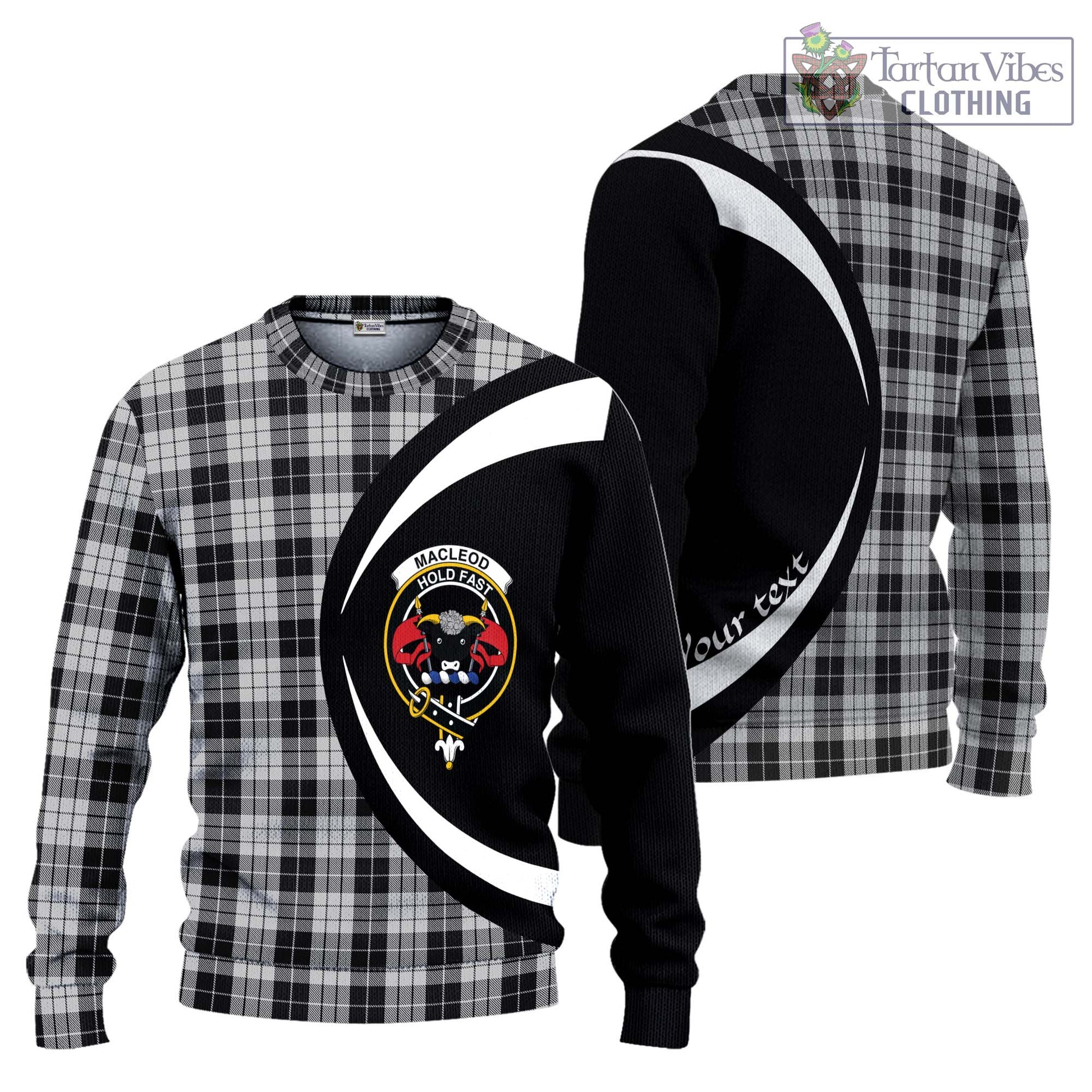 Tartan Vibes Clothing MacLeod Black and White Tartan Knitted Sweater with Family Crest Circle Style