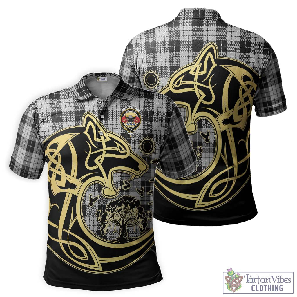 Tartan Vibes Clothing MacLeod Black and White Tartan Polo Shirt with Family Crest Celtic Wolf Style