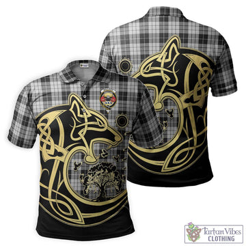 MacLeod Black and White Tartan Polo Shirt with Family Crest Celtic Wolf Style