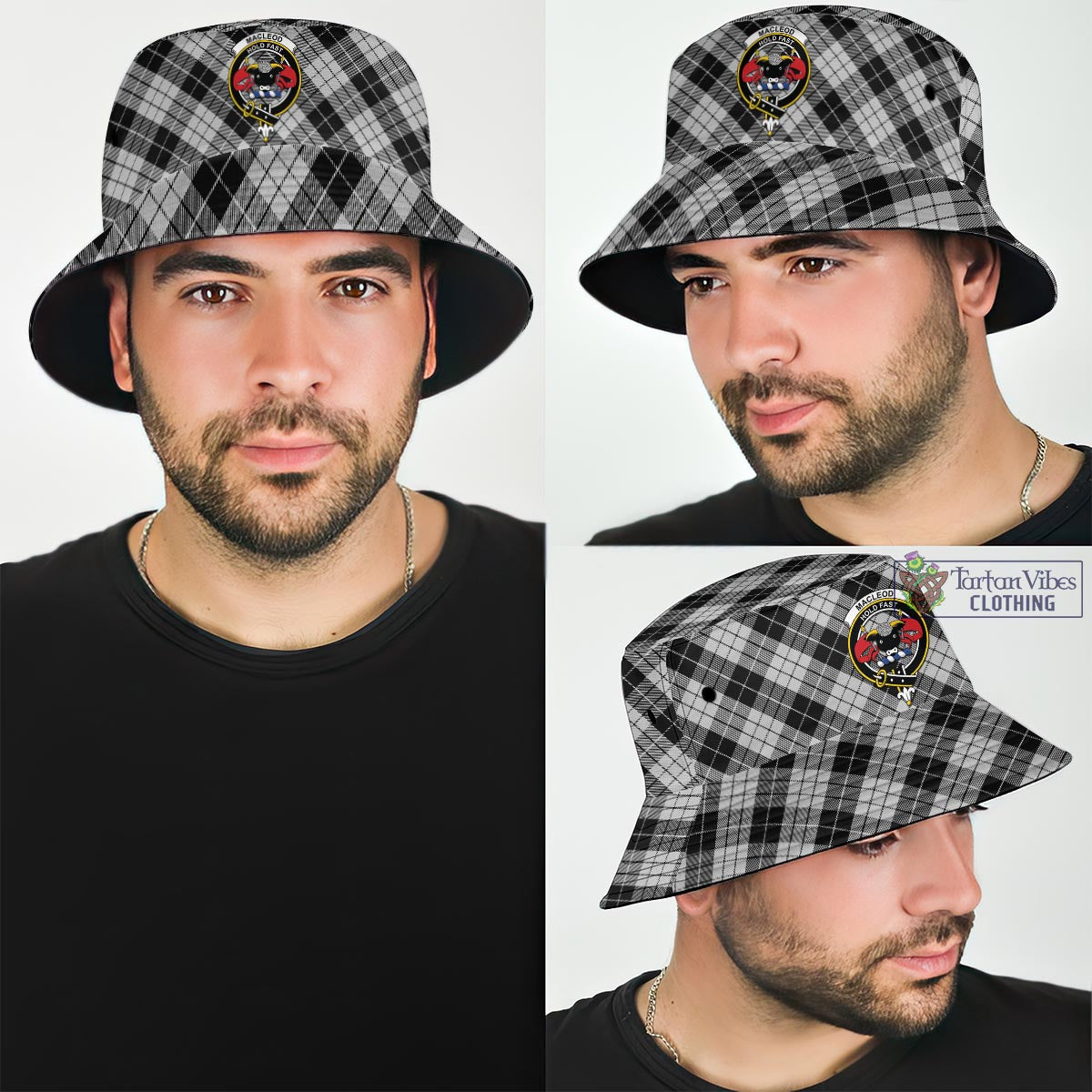 Tartan Vibes Clothing MacLeod Black and White Tartan Bucket Hat with Family Crest