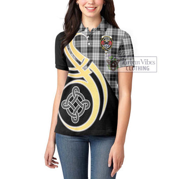 MacLeod Black and White Tartan Women's Polo Shirt with Family Crest and Celtic Symbol Style