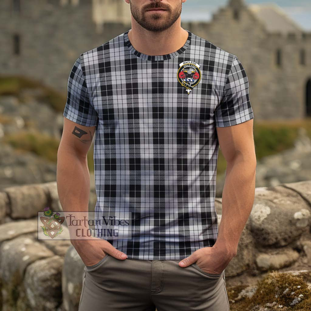 Tartan Vibes Clothing MacLeod Black and White Tartan Cotton T-Shirt with Family Crest