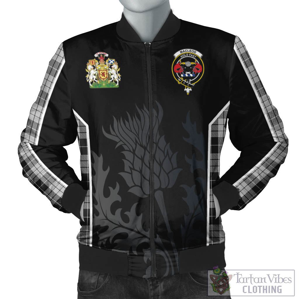 Tartan Vibes Clothing MacLeod Black and White Tartan Bomber Jacket with Family Crest and Scottish Thistle Vibes Sport Style