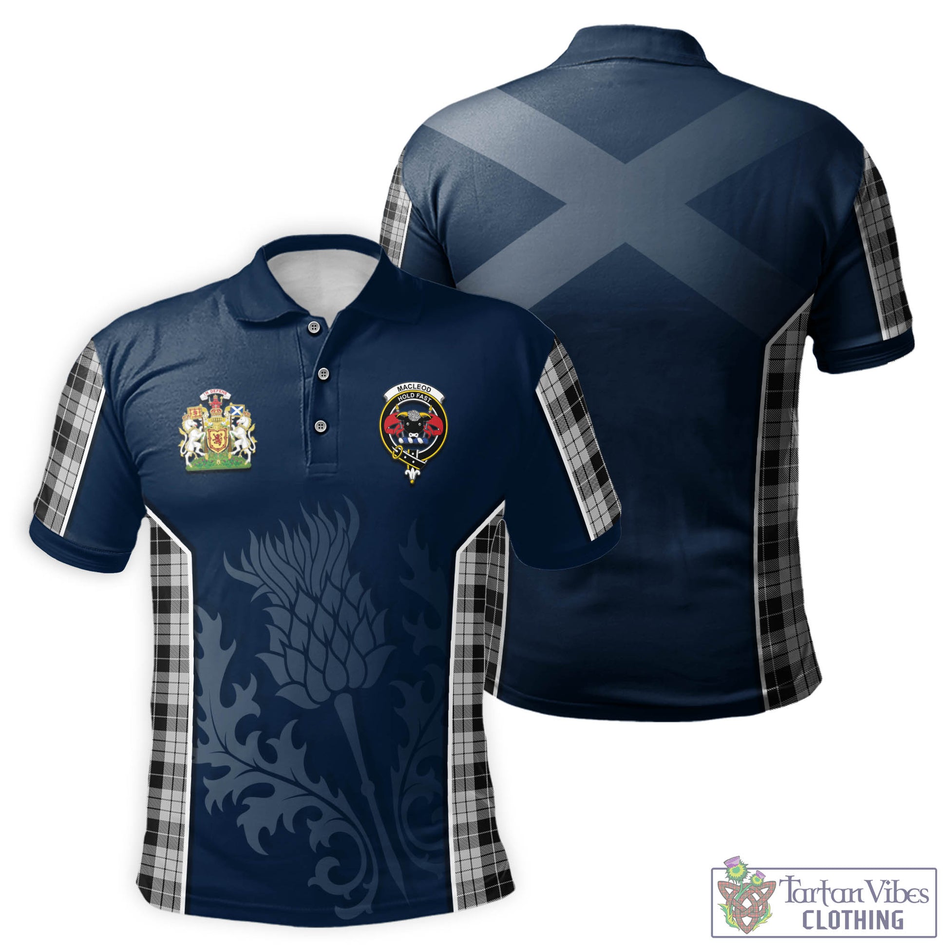 Tartan Vibes Clothing MacLeod Black and White Tartan Men's Polo Shirt with Family Crest and Scottish Thistle Vibes Sport Style