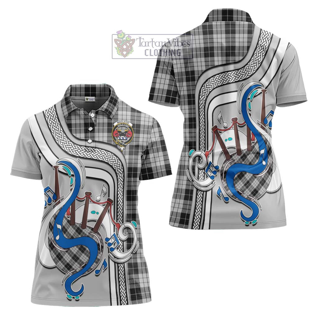 Tartan Vibes Clothing MacLeod Black and White Tartan Women's Polo Shirt with Epic Bagpipe Style