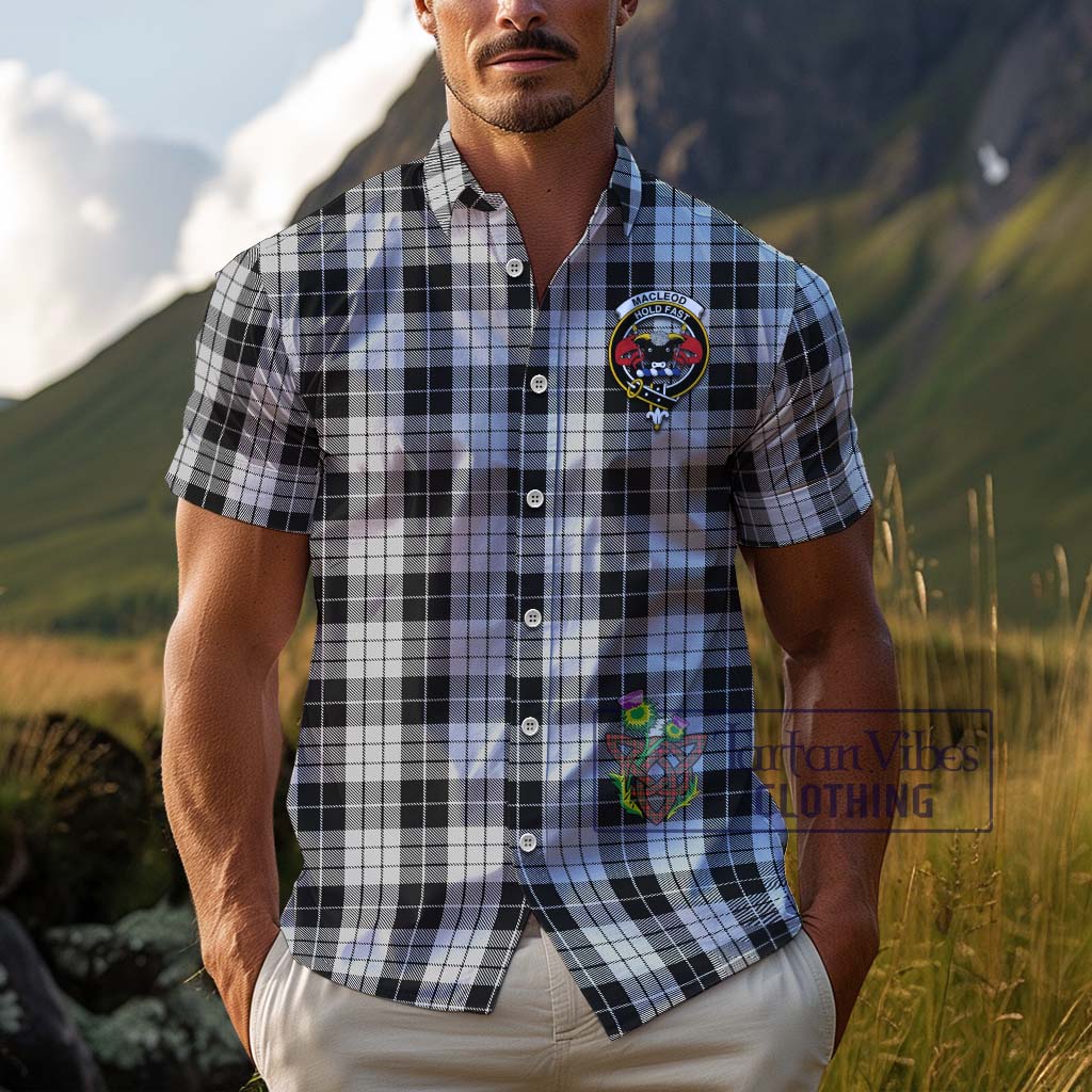 Tartan Vibes Clothing MacLeod Black and White Tartan Cotton Hawaiian Shirt with Family Crest