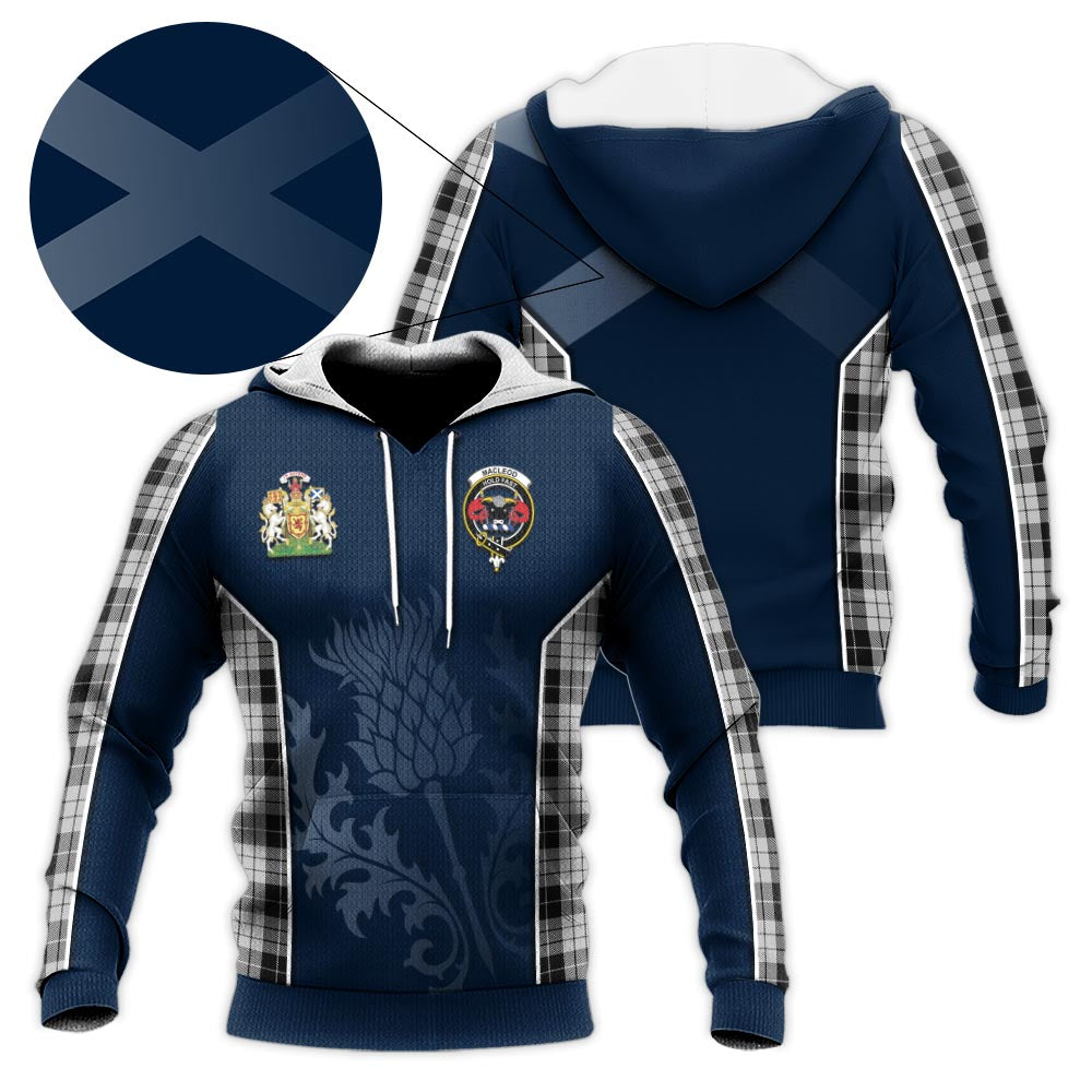 Tartan Vibes Clothing MacLeod Black and White Tartan Knitted Hoodie with Family Crest and Scottish Thistle Vibes Sport Style