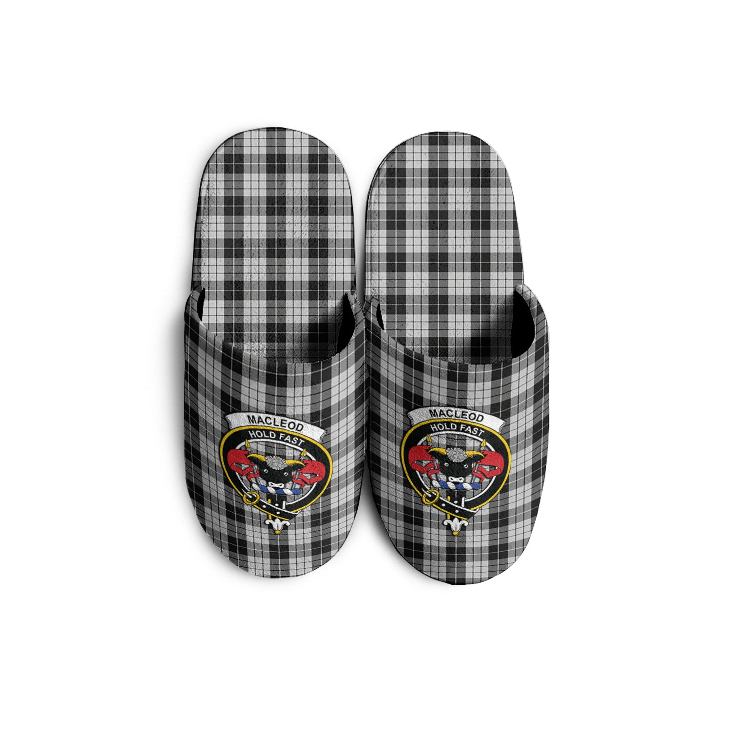 MacLeod Black and White Tartan Home Slippers with Family Crest - Tartanvibesclothing