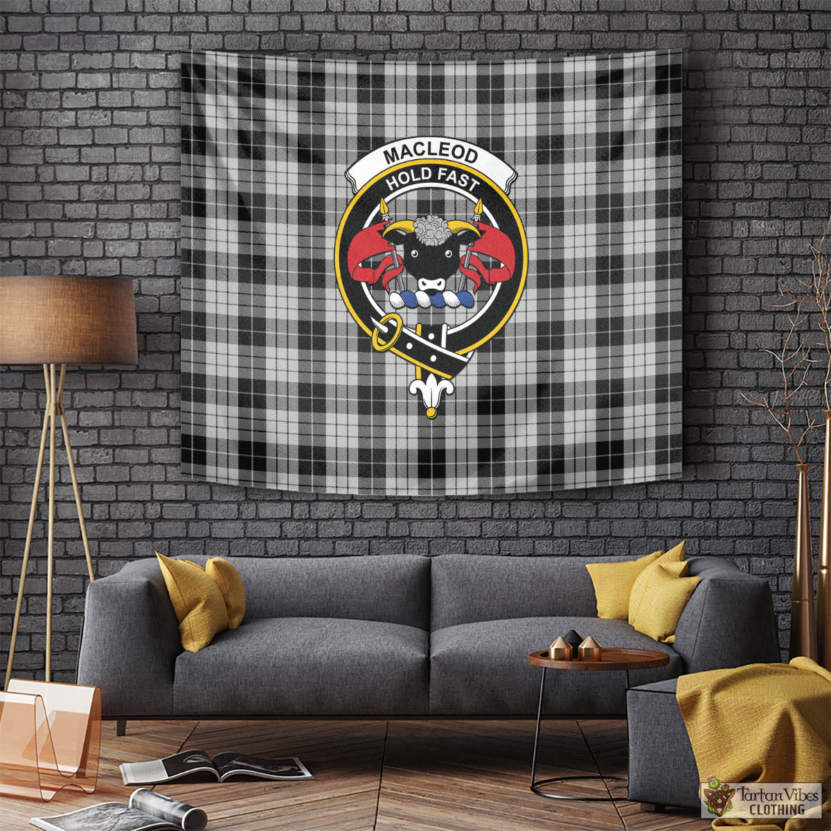 Tartan Vibes Clothing MacLeod Black and White Tartan Tapestry Wall Hanging and Home Decor for Room with Family Crest