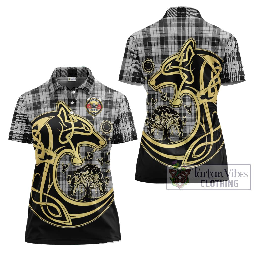 Tartan Vibes Clothing MacLeod Black and White Tartan Women's Polo Shirt with Family Crest Celtic Wolf Style