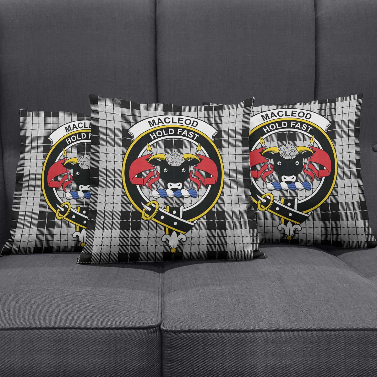 MacLeod Black and White Tartan Pillow Cover with Family Crest Square Pillow Cover - Tartanvibesclothing