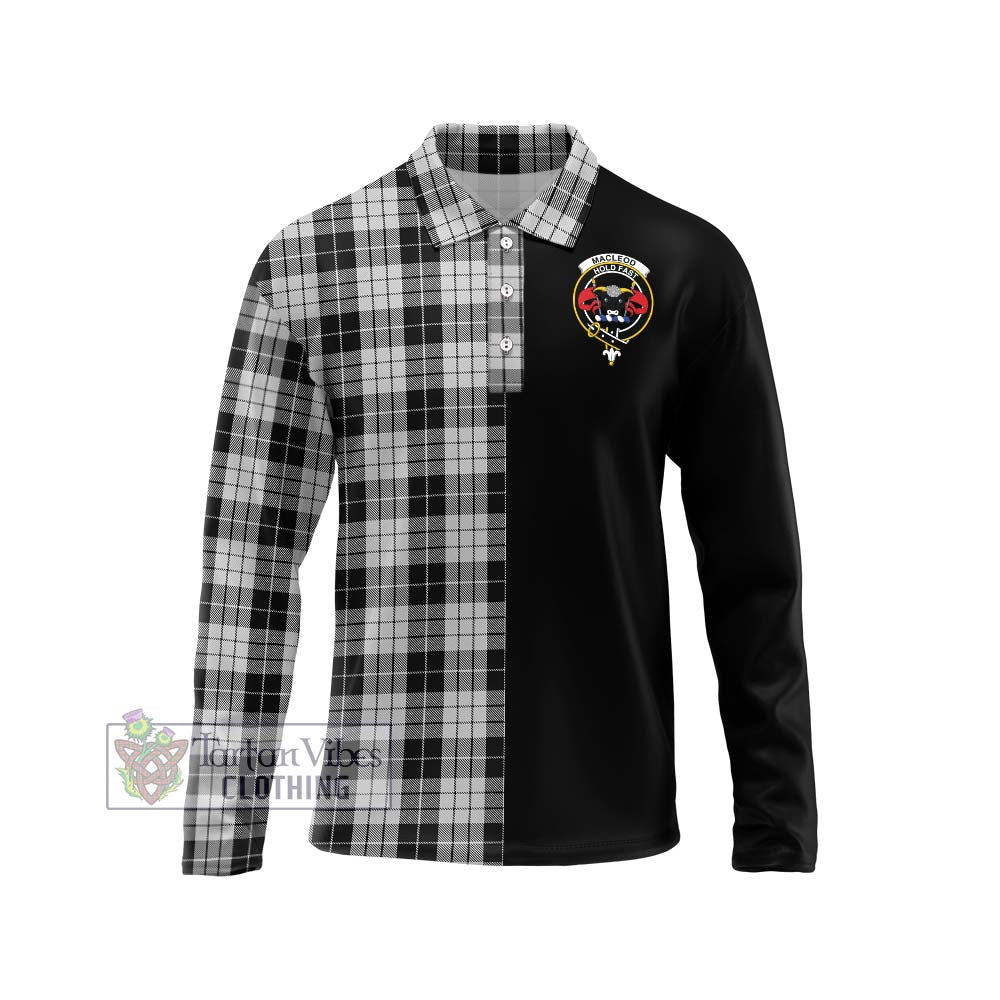 Tartan Vibes Clothing MacLeod Black and White Tartan Long Sleeve Polo Shirt with Family Crest and Half Of Me Style