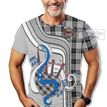 MacLeod Black and White Tartan T-Shirt with Epic Bagpipe Style