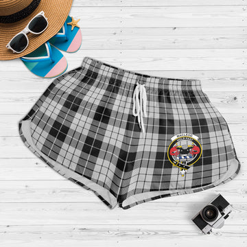 MacLeod Black and White Tartan Womens Shorts with Family Crest