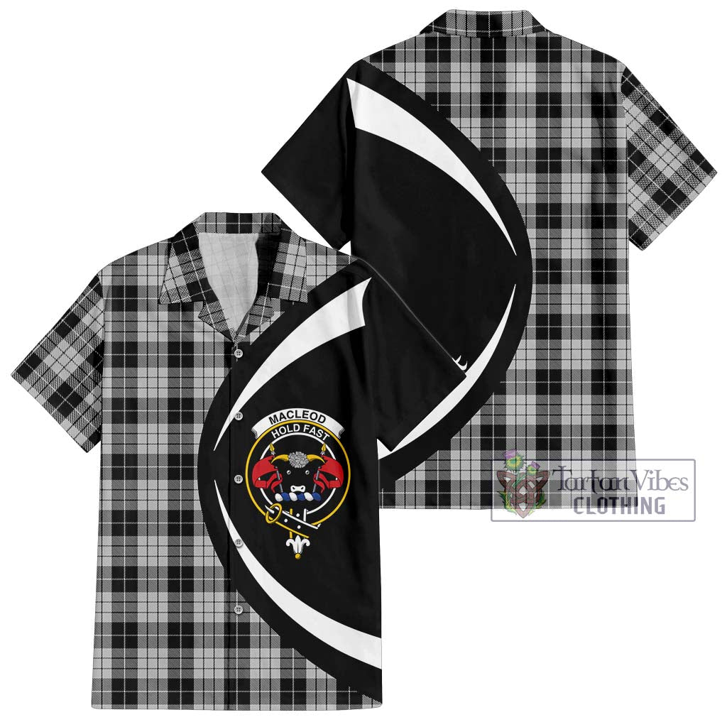 Tartan Vibes Clothing MacLeod Black and White Tartan Short Sleeve Button Up with Family Crest Circle Style