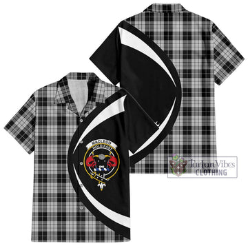 MacLeod Black and White Tartan Short Sleeve Button Up with Family Crest Circle Style