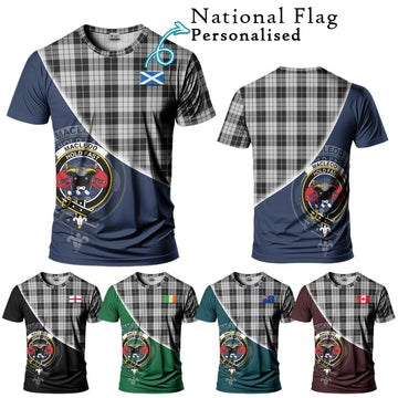 MacLeod Black and White Tartan T-Shirt with Personalised National Flag and Family Crest Half Style