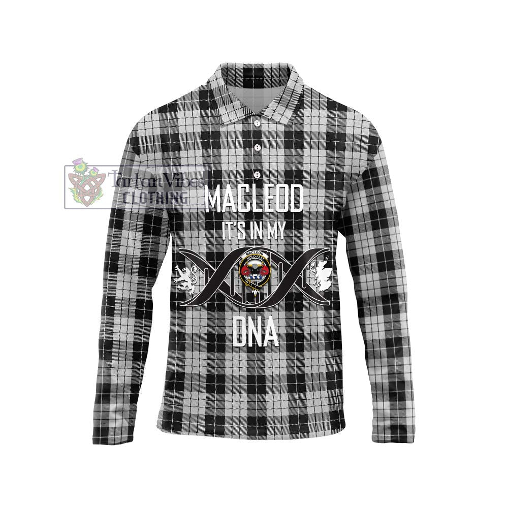 Tartan Vibes Clothing MacLeod Black and White Tartan Long Sleeve Polo Shirt with Family Crest DNA In Me Style