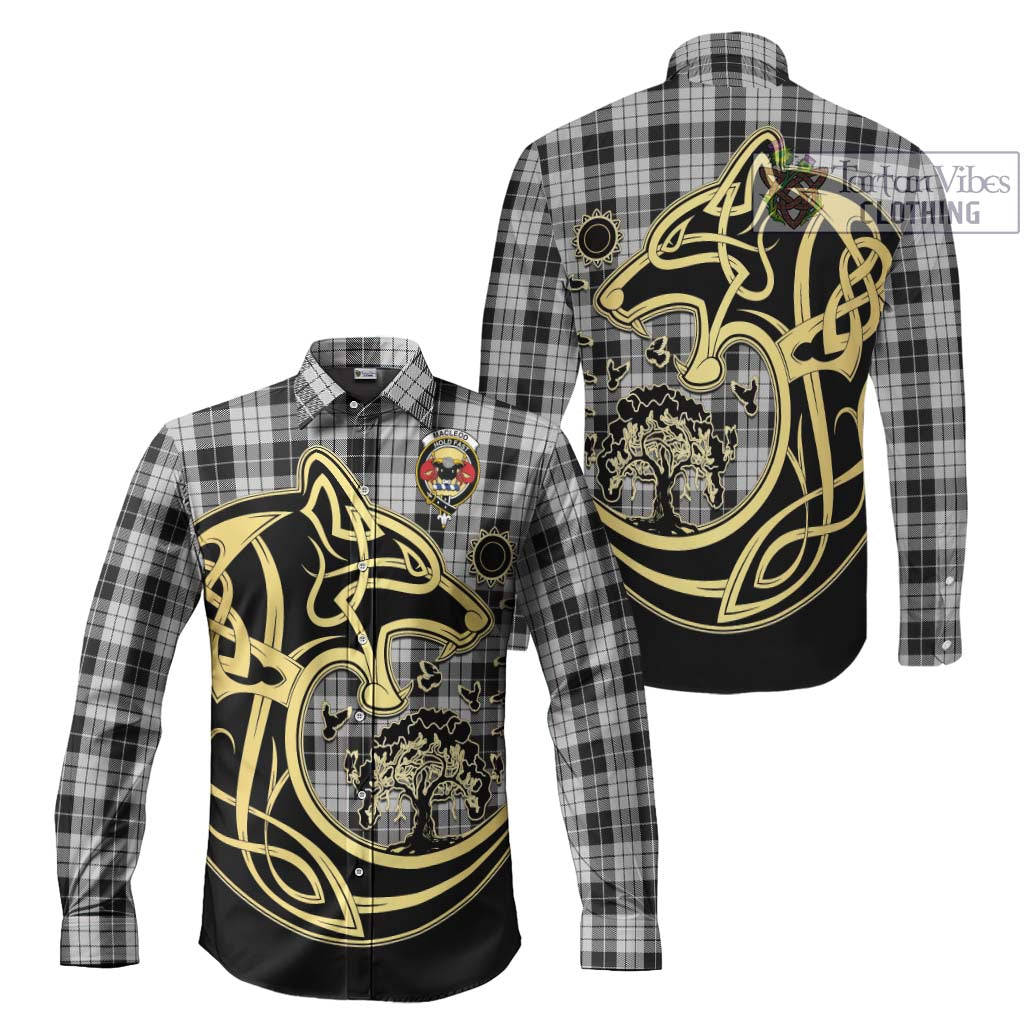 Tartan Vibes Clothing MacLeod Black and White Tartan Long Sleeve Button Shirt with Family Crest Celtic Wolf Style