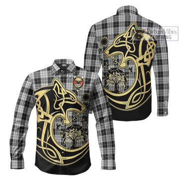 MacLeod Black and White Tartan Long Sleeve Button Shirt with Family Crest Celtic Wolf Style