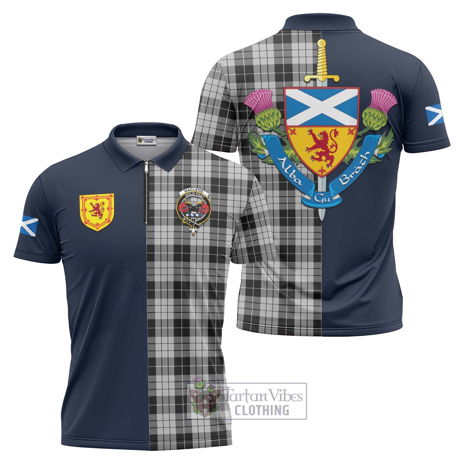 Tartan Vibes Clothing MacLeod Black and White Tartan Zipper Polo Shirt with Scottish Lion Royal Arm Half Style