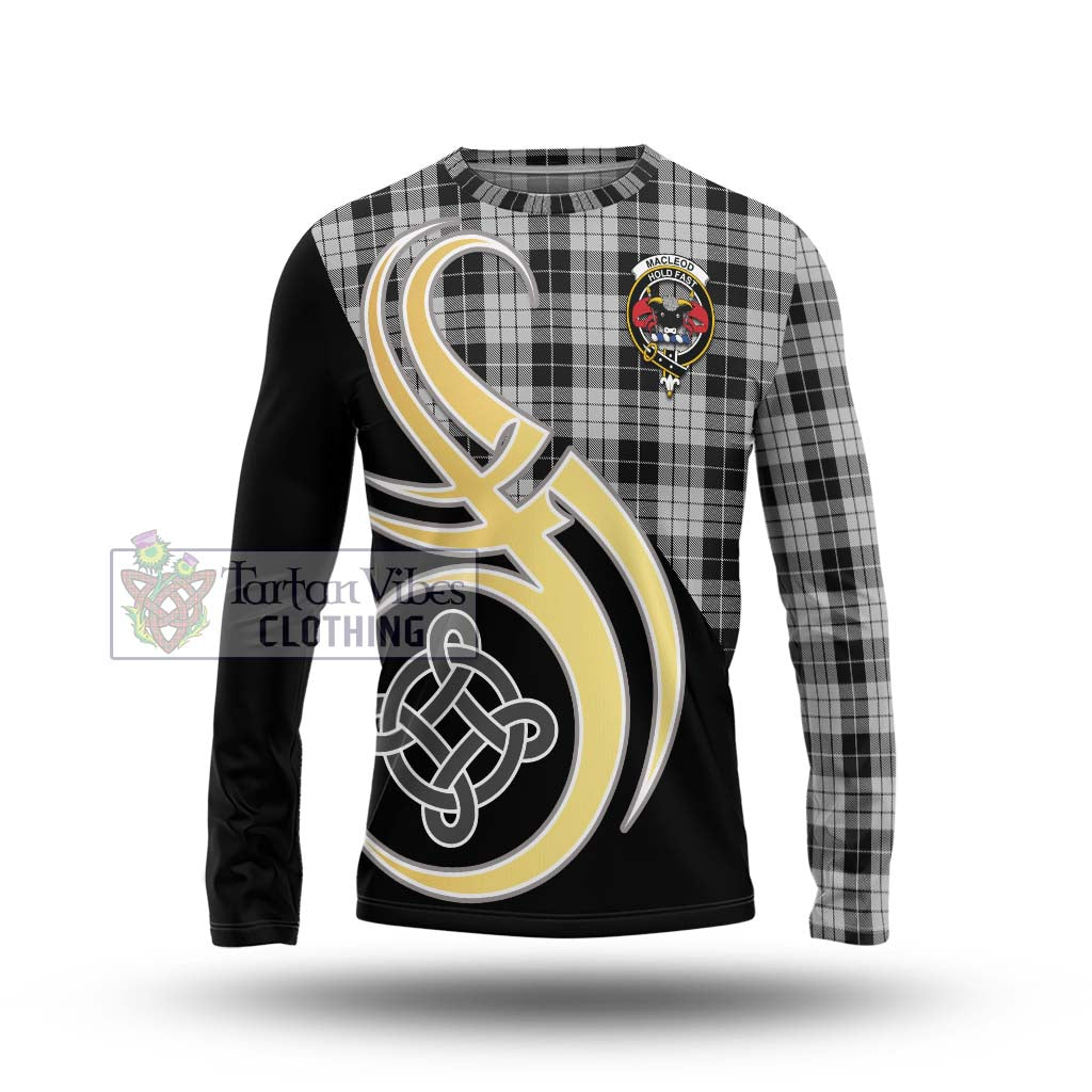 Tartan Vibes Clothing MacLeod Black and White Tartan Long Sleeve T-Shirt with Family Crest and Celtic Symbol Style