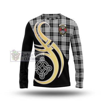 MacLeod Black and White Tartan Long Sleeve T-Shirt with Family Crest and Celtic Symbol Style