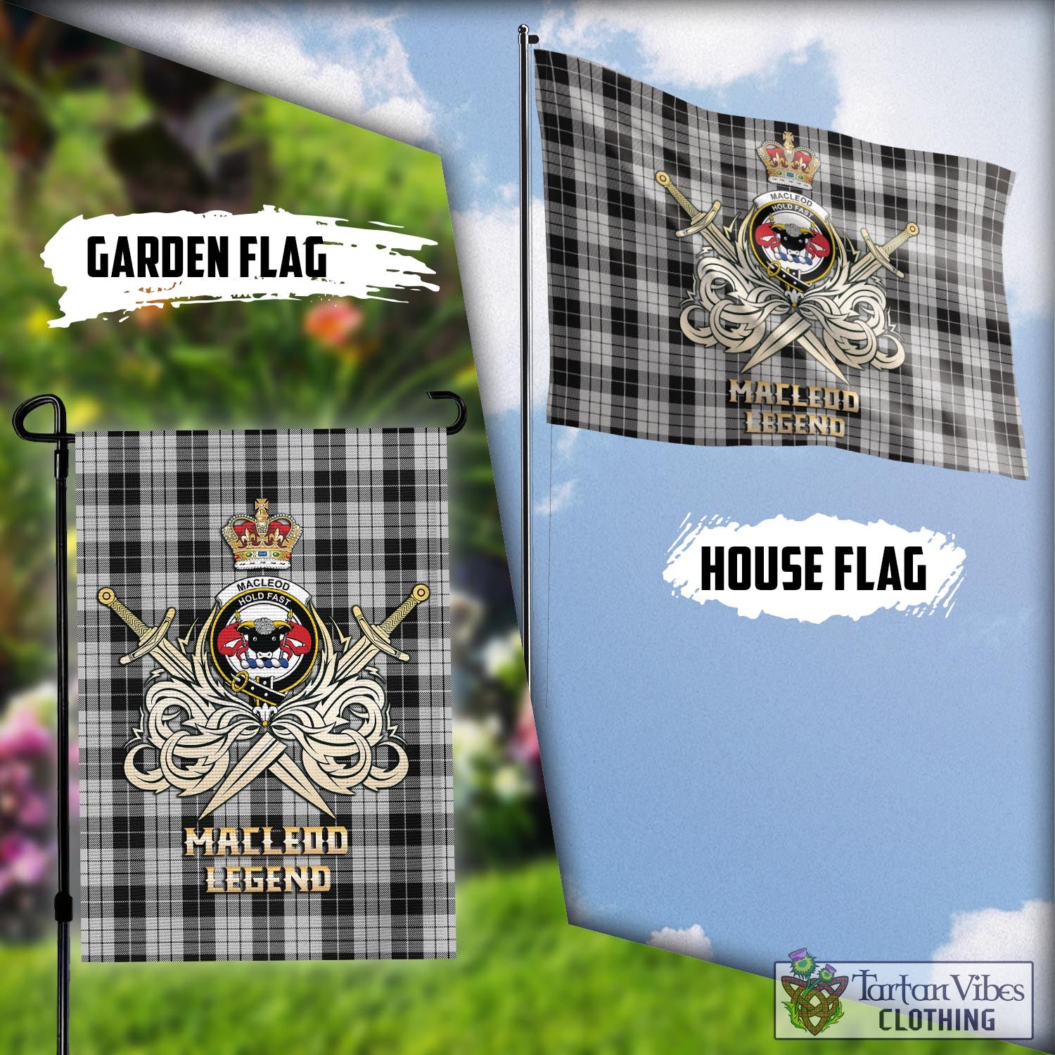 Tartan Vibes Clothing MacLeod Black and White Tartan Flag with Clan Crest and the Golden Sword of Courageous Legacy