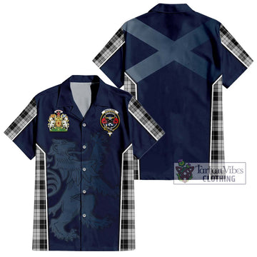 MacLeod Black and White Tartan Short Sleeve Button Shirt with Family Crest and Lion Rampant Vibes Sport Style