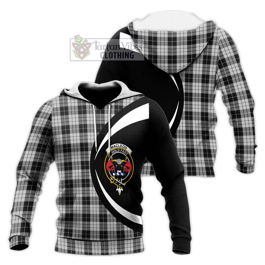 Tartan Vibes Clothing MacLeod Black and White Tartan Knitted Hoodie with Family Crest Circle Style