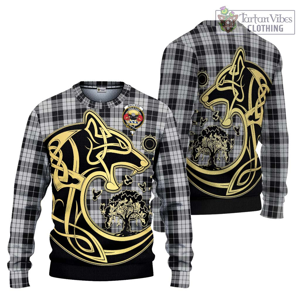 Tartan Vibes Clothing MacLeod Black and White Tartan Knitted Sweater with Family Crest Celtic Wolf Style