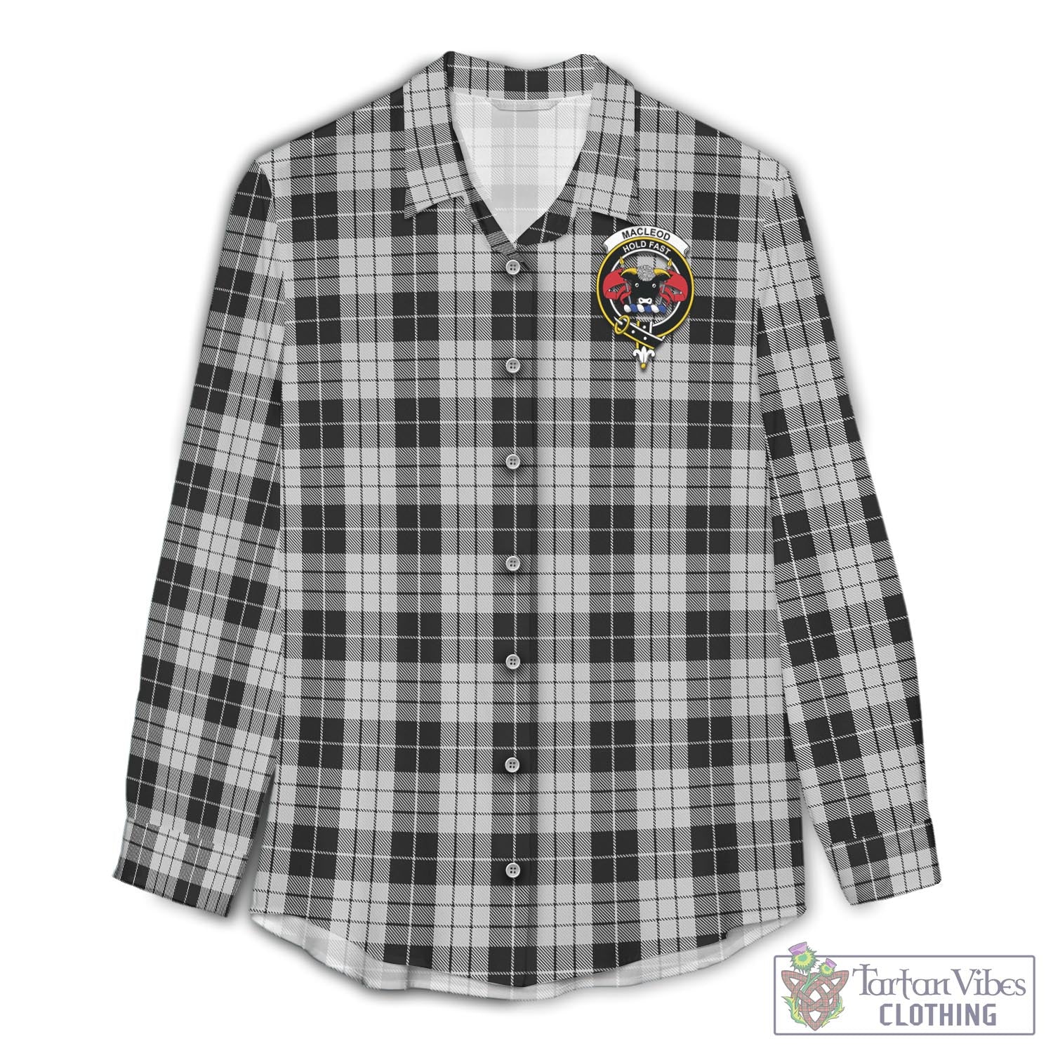 Tartan Vibes Clothing MacLeod Black and White Tartan Womens Casual Shirt with Family Crest