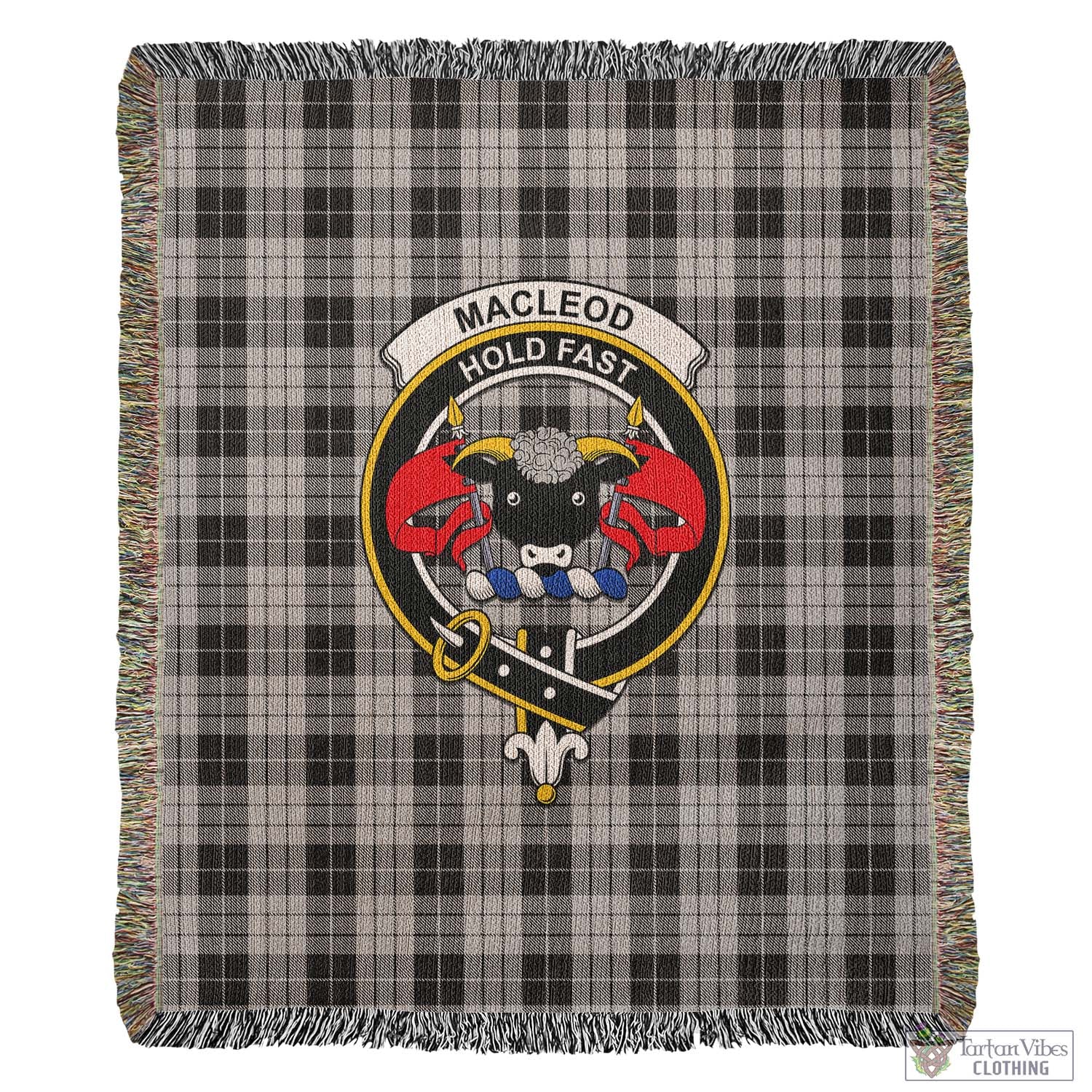 Tartan Vibes Clothing MacLeod Black and White Tartan Woven Blanket with Family Crest