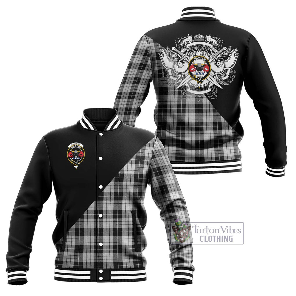 MacLeod Black and White Tartan Baseball Jacket with Family Crest and Military Logo Style Unisex - Tartanvibesclothing Shop