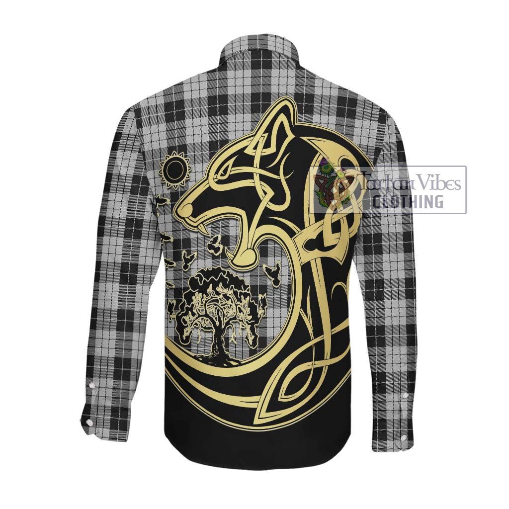 Tartan Vibes Clothing MacLeod Black and White Tartan Long Sleeve Button Shirt with Family Crest Celtic Wolf Style