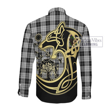 MacLeod Black and White Tartan Long Sleeve Button Shirt with Family Crest Celtic Wolf Style