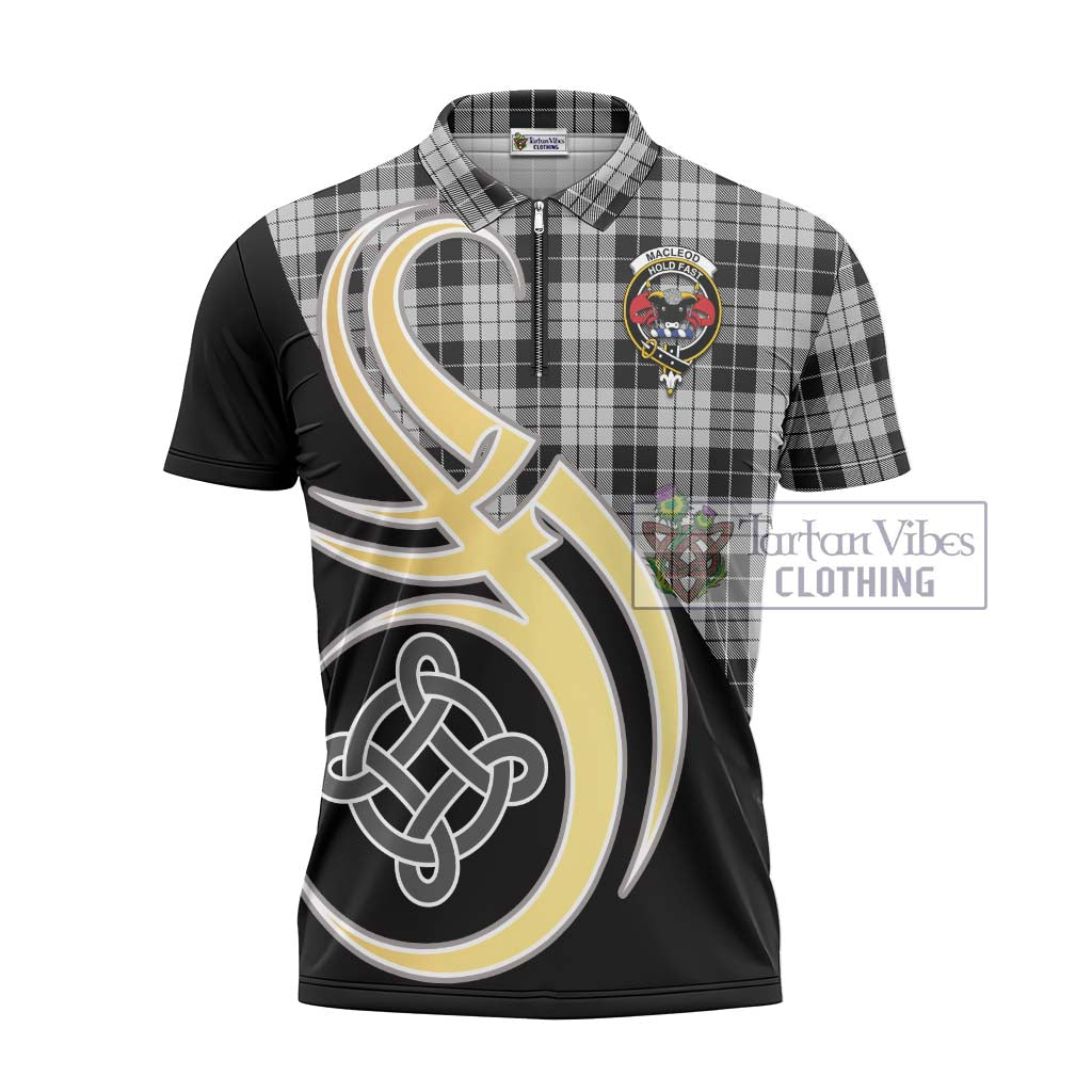 Tartan Vibes Clothing MacLeod Black and White Tartan Zipper Polo Shirt with Family Crest and Celtic Symbol Style