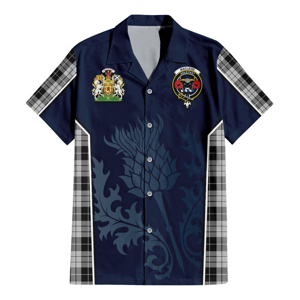 Tartan Vibes Clothing MacLeod Black and White Tartan Short Sleeve Button Up Shirt with Family Crest and Scottish Thistle Vibes Sport Style