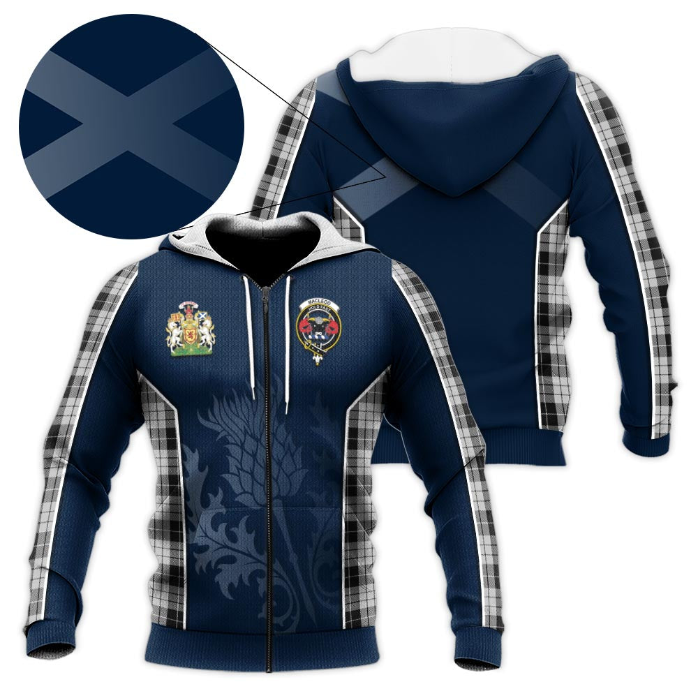 Tartan Vibes Clothing MacLeod Black and White Tartan Knitted Hoodie with Family Crest and Scottish Thistle Vibes Sport Style