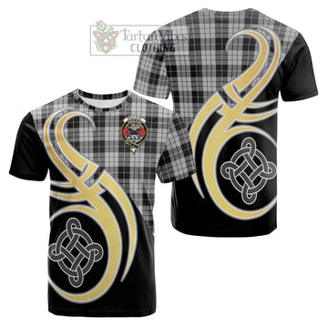 MacLeod Black and White Tartan Cotton T-shirt with Family Crest and Celtic Symbol Style