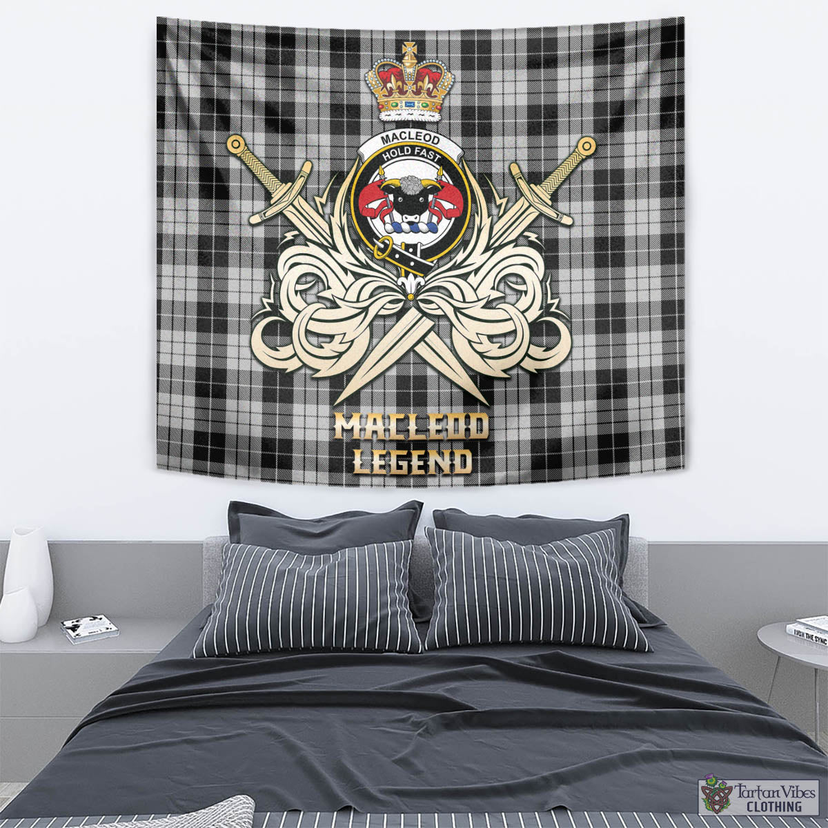 Tartan Vibes Clothing MacLeod Black and White Tartan Tapestry with Clan Crest and the Golden Sword of Courageous Legacy