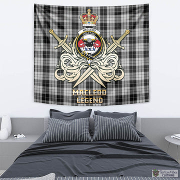 MacLeod Black and White Tartan Tapestry with Clan Crest and the Golden Sword of Courageous Legacy