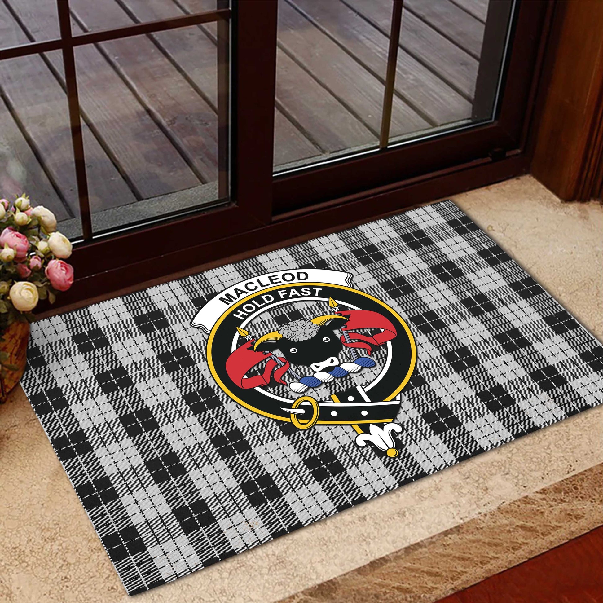 MacLeod Black and White Tartan Door Mat with Family Crest - Tartanvibesclothing