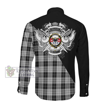 MacLeod Black and White Tartan Long Sleeve Button Shirt with Family Crest and Military Logo Style