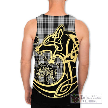 MacLeod Black and White Tartan Men's Tank Top with Family Crest Celtic Wolf Style